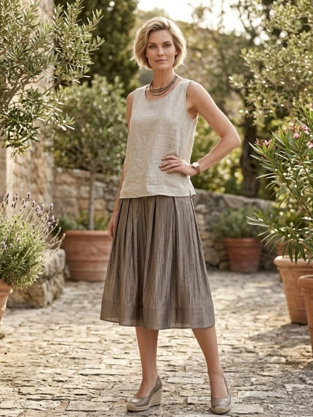 Nic+Zoe Flared Midi Skirt in Olive-Grey Taupe, size 2, EUC
